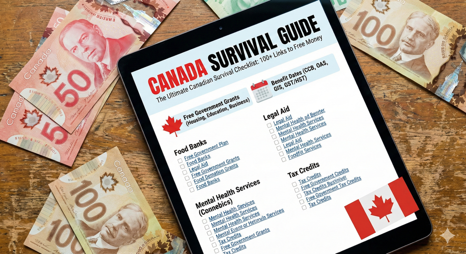 A comprehensive digital checklist on a tablet screen titled Canada Survival Guide focus on links to the Canadian online government help sites