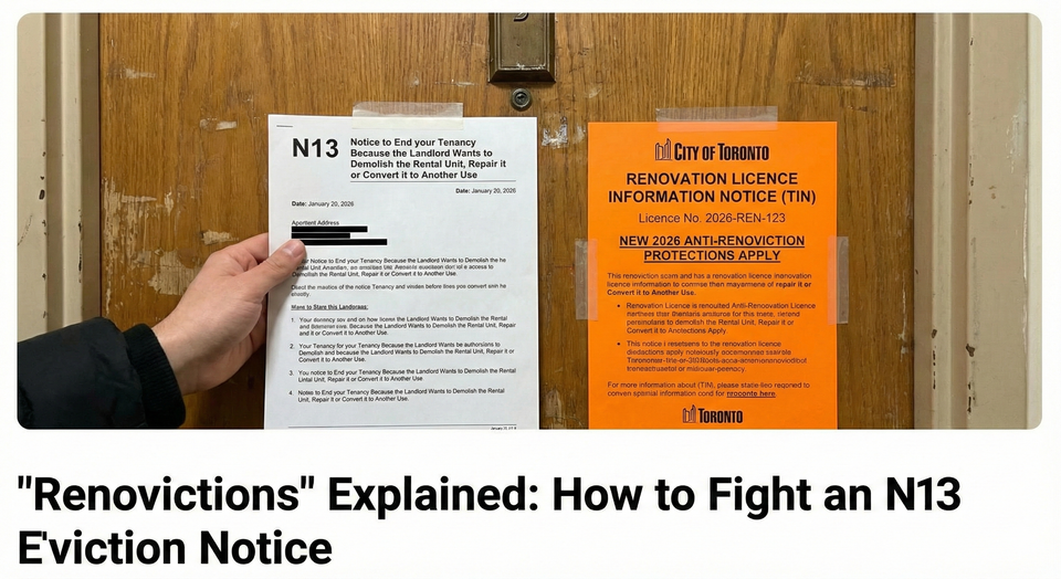 A concerned tenant reviewing an N13 eviction notice and a City of Toronto Renovation Licence Information Notice (TIN) posted on their apartment door,