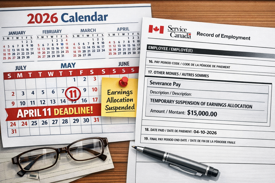 A detailed 2026 calendar highlighting the April 11 deadline, with a Service Canada Record of Employment form showing Block 17 severance data, symbolizing the temporary suspension