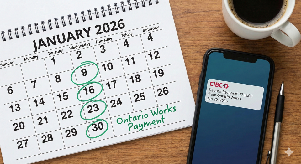 A detailed calendar for showing Ontario Works payment dates circled in Green, with a smartphone displaying a Deposit Received notification from a Canadian bank.
