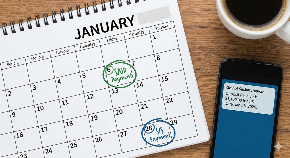 A detailed calendar highlighting Saskatchewan Income Support (SIS) and SAID payment dates, with a mobile phone showing a direct deposit notification from the Government of Saskatchewan. 