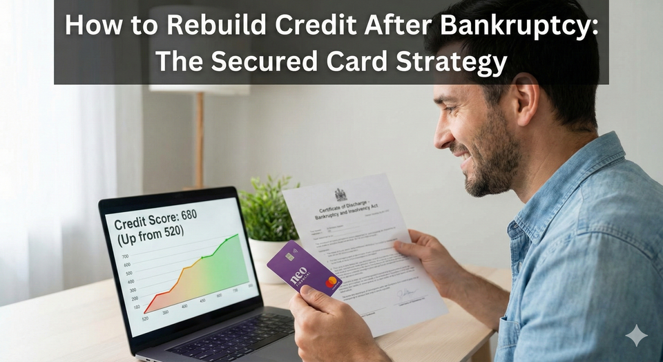 A determined Canadian man sitting at a desk with his bankruptcy discharge certificate, holding a new purple Neo Financial secured card, with a laptop showing a rising credit score