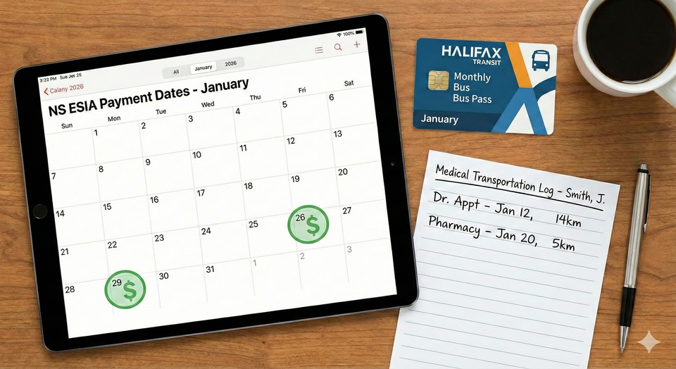 A digital calendar for Nova Scotia Employment Support and Income Assistance (ESIA) with payment dates highlighted, alongside a Halifax Transit bus pass and a medical transportation log.