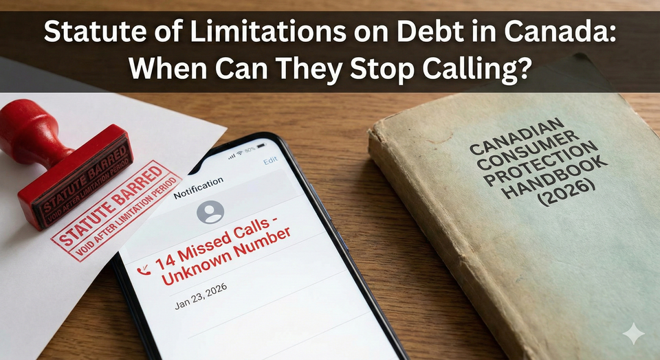 A digital smartphone screen showing 14 missed calls from an unknown number, resting next to a Canadian consumer protection handbook and a Statute Barred stamp