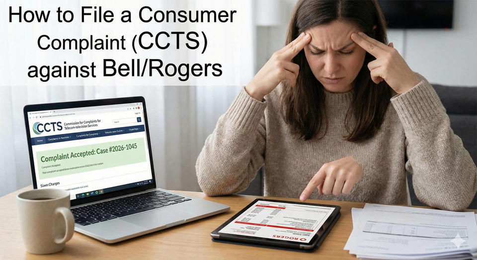 A frustrated Canadian customer pointing at a confusing Rogers bill on a tablet, with the official CCTS (Commission for Complaints for Telecom-television Services) logo on a nearby laptop