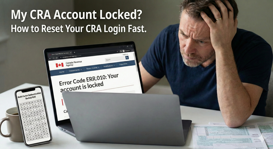 A frustrated taxpayer looking at a laptop screen displaying Error Code ERR.010 Your account is locked, with a smartphone nearby ready to use the 2026 multi-factor authentication backup grid.