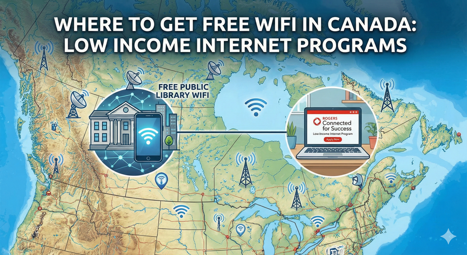 A map of Canada overlaid with digital connectivity icons, showing a smartphone connected to a free public library wifi network and a laptop displaying the Rogers Connected