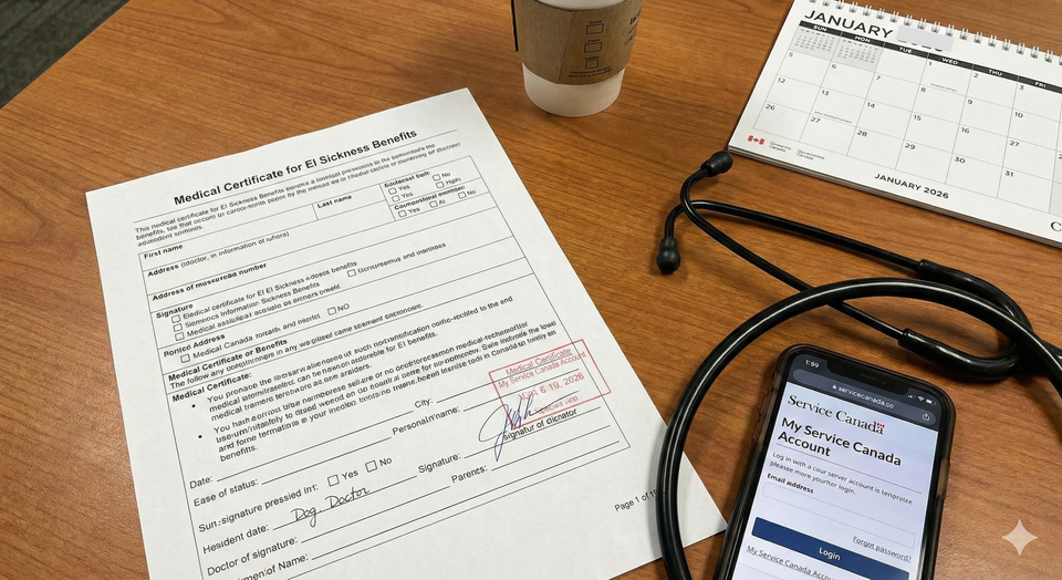 A medical certificate form resting on a wooden table next to a stethoscope and a smartphone displaying a Service Canada login page, with a calendar in the background.