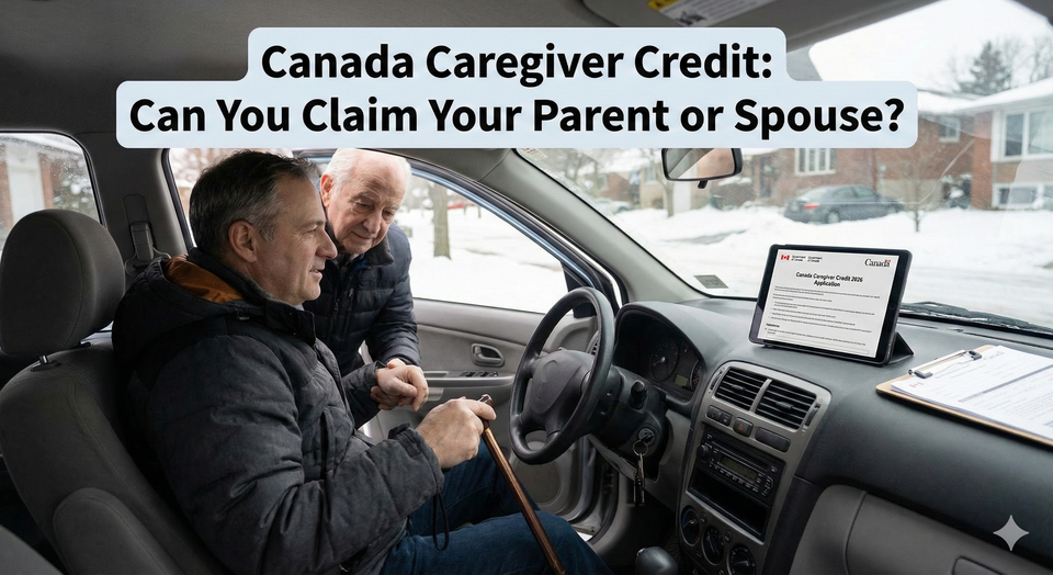A middle-aged man helping his elderly father into a car for a doctor's appointment, with a digital folder on the dashboard labeled 'Canada Caregiver Credit 2026 Application