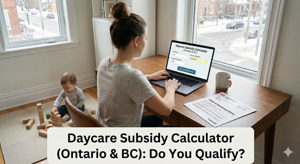 A mother in a home office checking a provincial daycare subsidy calculator on her laptop, with a toddler playing nearby and a government Notice of Assessment (NOA) on the desk.