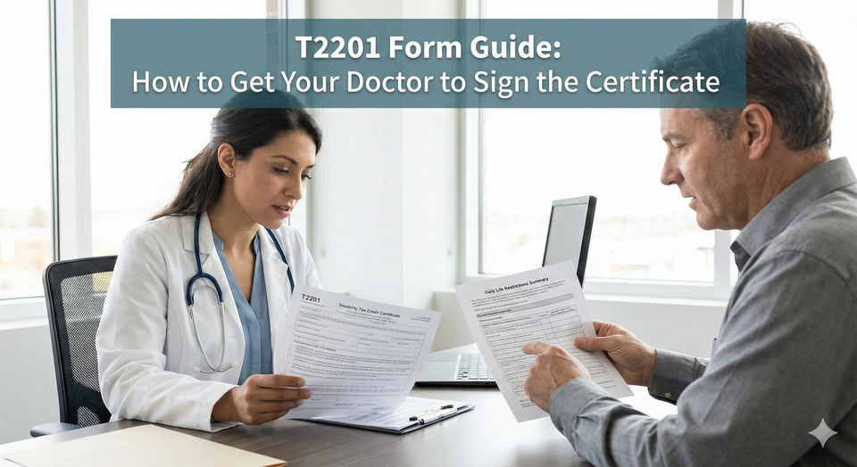 A patient and a doctor sitting in a bright medical office, with the doctor reviewing a printed T2201 Disability Tax Credit Certificate 