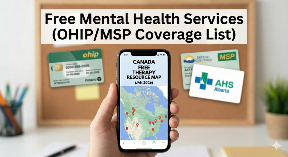A person holding a smartphone displaying a Free Therapy resource map of Canada, with official health card logos for OHIP, MSP, and AHS in the background, dated.