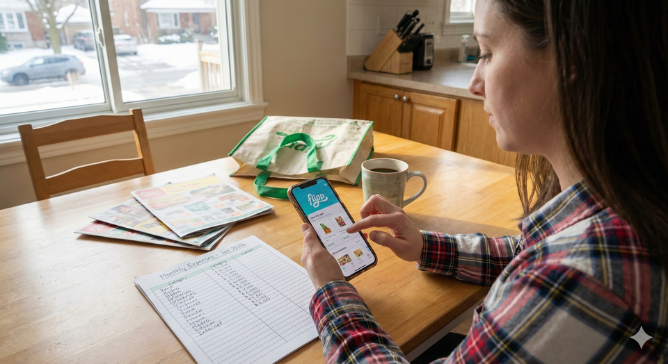 A person sitting at a kitchen table in a brightly lit Canadian home, using a smartphone with grocery saving apps open while reviewing a simplified monthly budget spreadsheet