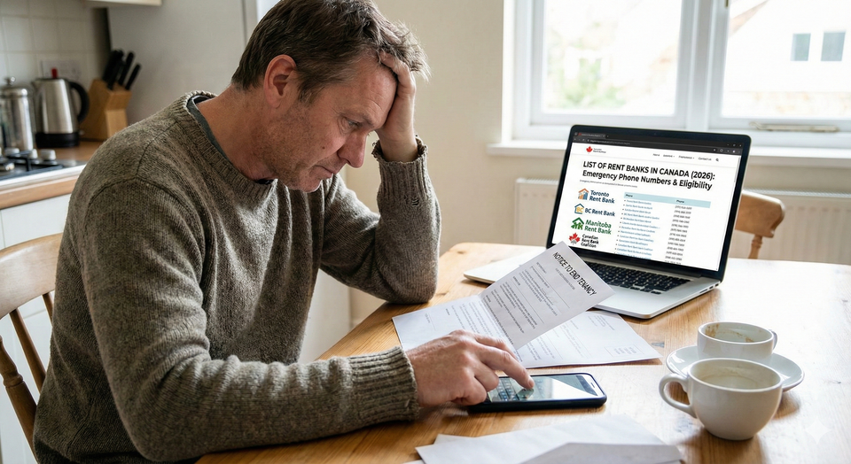 A person sitting at a kitchen table looking at an eviction notice while dialing a phone, with a list of Canadian Rent Bank logos and emergency phone numbers