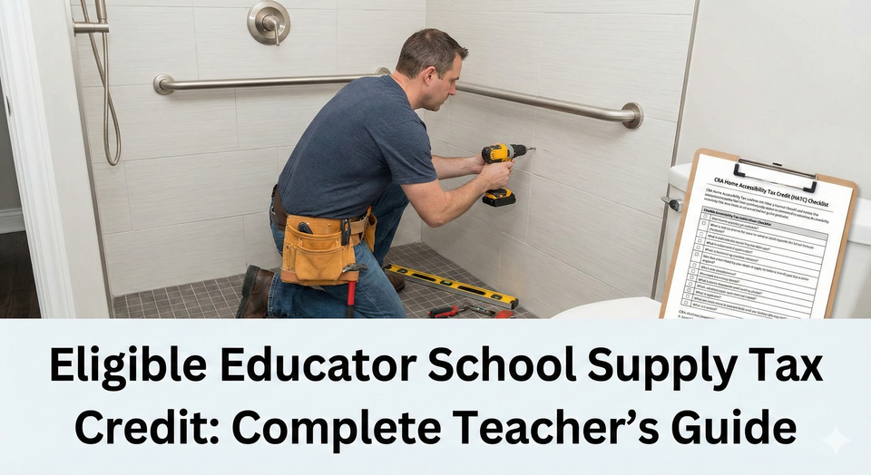 A professional contractor installing a silver grab bar in a modern tiled bathroom, with a printed CRA Home Accessibility Tax Credit checklist and a set of tools nearby.