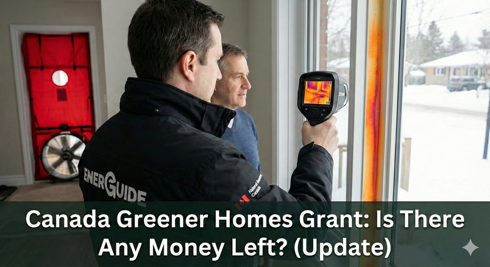 A professional energy advisor conducting an EnerGuide evaluation in a Canadian home, using a thermal imaging camera to show heat loss around a window frame.
