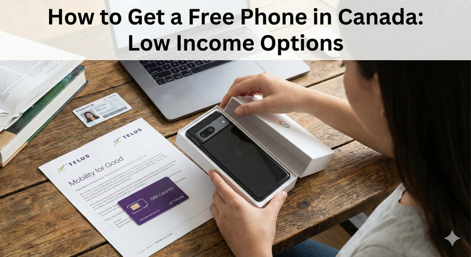 A refurbished high-end smartphone being unboxed by a student, with a Telus Mobility for Good welcome letter and a SIM card kit on a wooden desk.