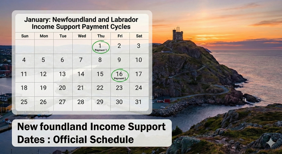 A scenic view of Signal Hill in St. John's with a digital calendar overlay showing the 1st and 16th payment cycles for the Newfoundland and Labrador Income Support program.