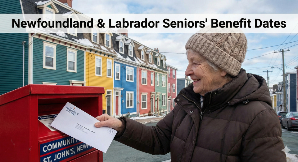 A senior in St. John's, Newfoundland, checking her mail for a provincial benefit notice, with the iconic colorful 'Jellybean Row' houses in the background.