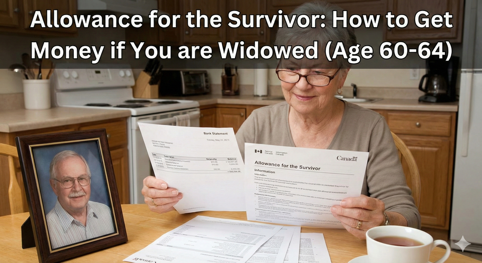 A senior woman looking at her bank statement with a sense of relief, next to a photo of her late husband and an official Service Canada 'Allowance for the Survivor' information sheet.