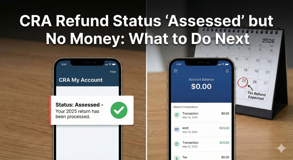A split screen showing a Status Assessed notification on the CRA My Account mobile app and a smartphone screen with a banking app showing a $0 balance, with a calendar in the background. 