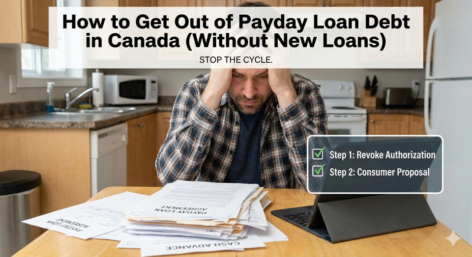 A stressed Canadian worker looking at a pile of payday loan contracts, with a digital checklist showing 'Step 1 Revoke Authorization' and 'Step 2 Consumer Proposal'.
