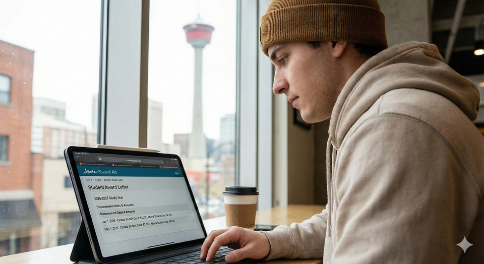A student in Calgary using a tablet to log into the Alberta Student Aid portal, with the 'Student Award Letter' visible, showing upcoming disbursement dates and grant amounts.