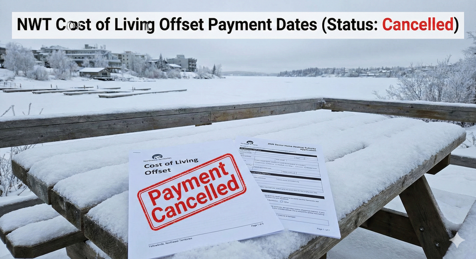 A winter scene in Yellowknife with a Payment Cancelled notice overlaid on a document for the Northwest Territories Cost of Living Offset, next to an application form