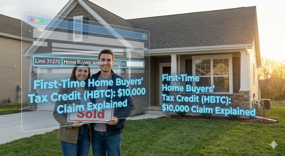 A young couple standing in front of their new home, holding a "Sold" sign, with a digital overlay showing the tax form Line 31270 for the Home Buyers' Amount.