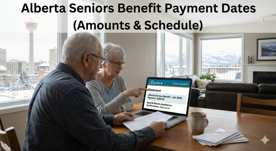 An elderly couple in Calgary reviewing their provincial financial assistance statement on a laptop, showing the monthly Alberta Seniors Benefit deposit 