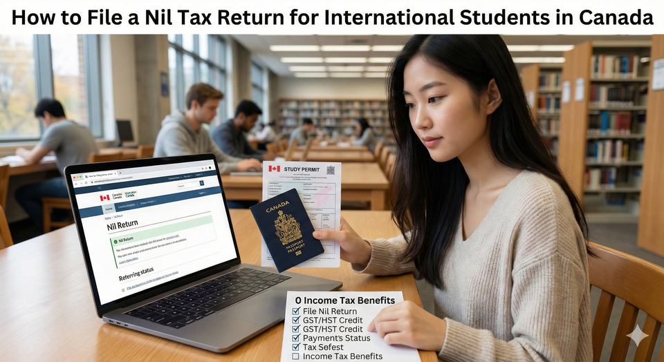 An international student sitting in a university library with a laptop open to a tax filing software, holding a Canadian passport and a study permit