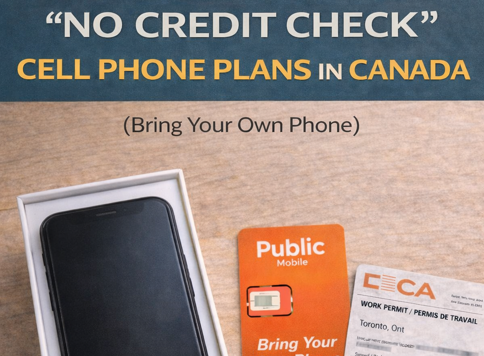 An unboxed smartphone next to a Public Mobile SIM card and a Canadian work permit, showing a 'No Credit Check' cell phone plan activation. for post No Credit Check