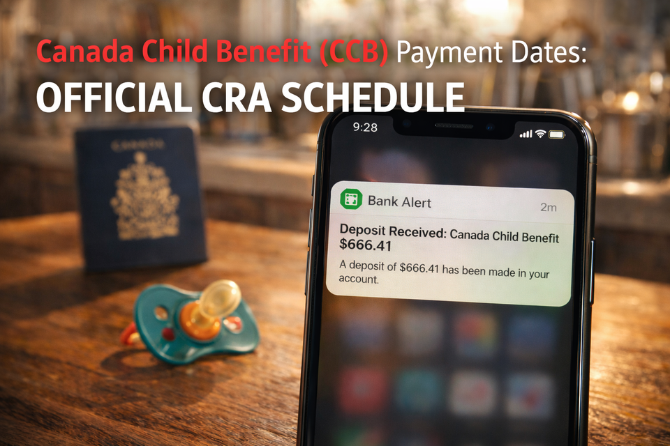Canada Child Benefit (CCB) 2026 payment notification on smartphone screen with baby items.