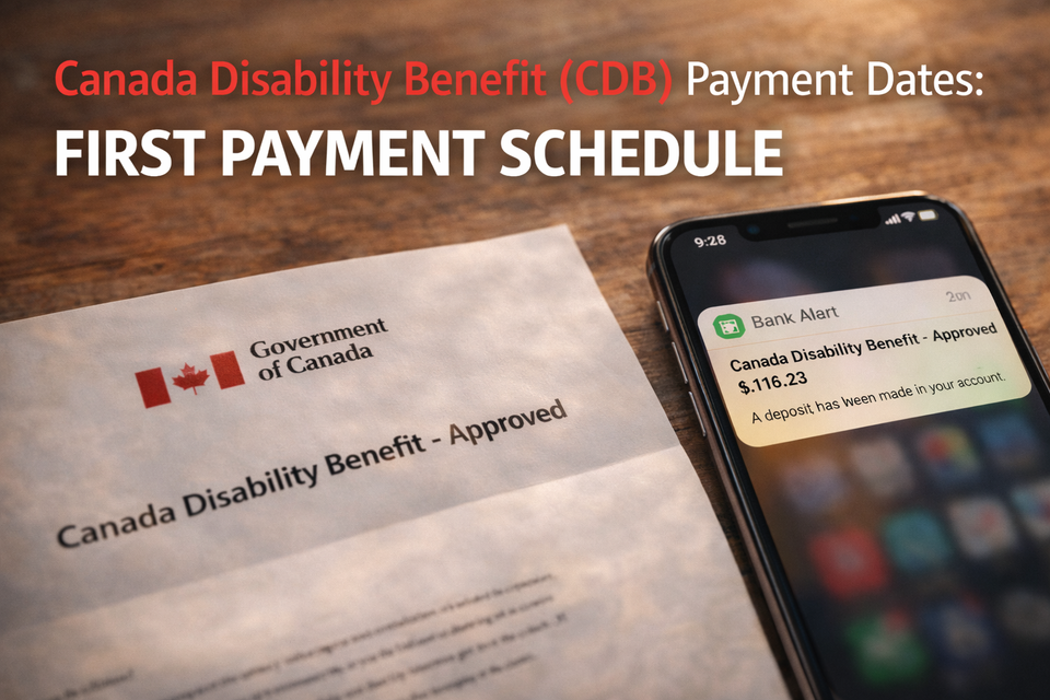 Canada Disability Benefit (CDB) approval letter and payment calendar on smartphone.
