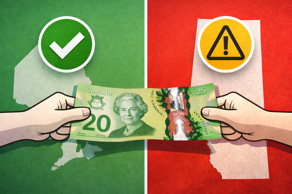 Canada Disability Benefit clawback map showing Ontario exempt and Alberta clawback zones.