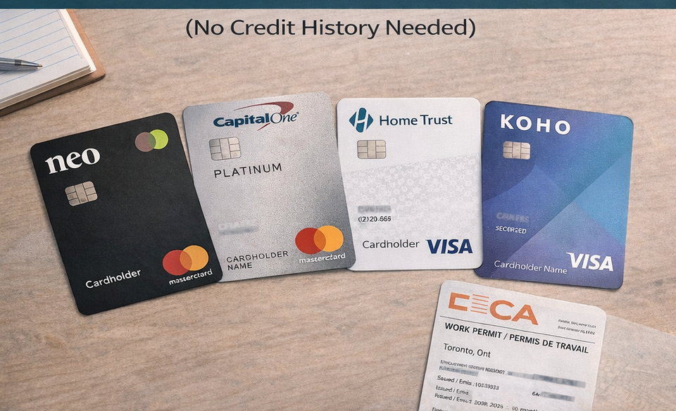 Comparison of five leading Canadian secured credit cards for, including Neo Financial, Capital One, and Home Trust, laid out on a table with a Canadian work permit.