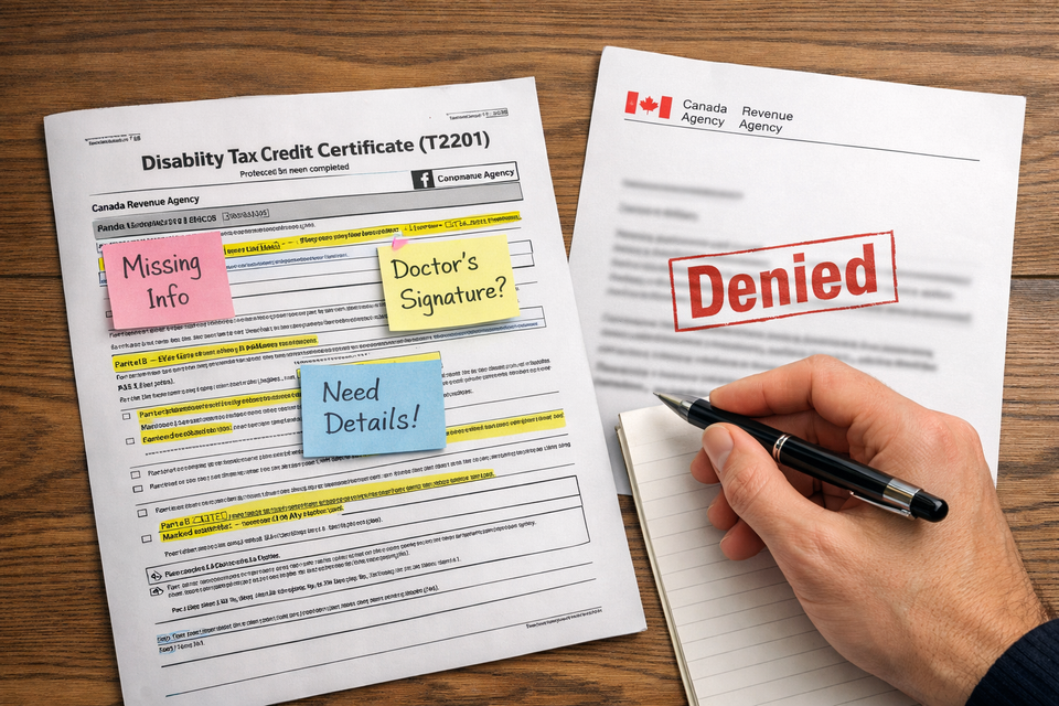 Disability Tax Credit (DTC) rejection letter and T2201 appeal preparation.