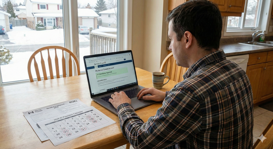 A Canadian worker checking their EI claim status on a laptop at a kitchen table, with an official Service Canada Record of Employment (ROE)