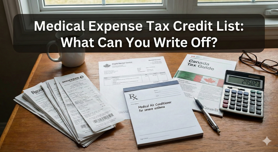 A organized stack of pharmacy receipts, a dental invoice, and a doctor's prescription for an air conditioner lying next to a Canadian tax guide and a calculator.