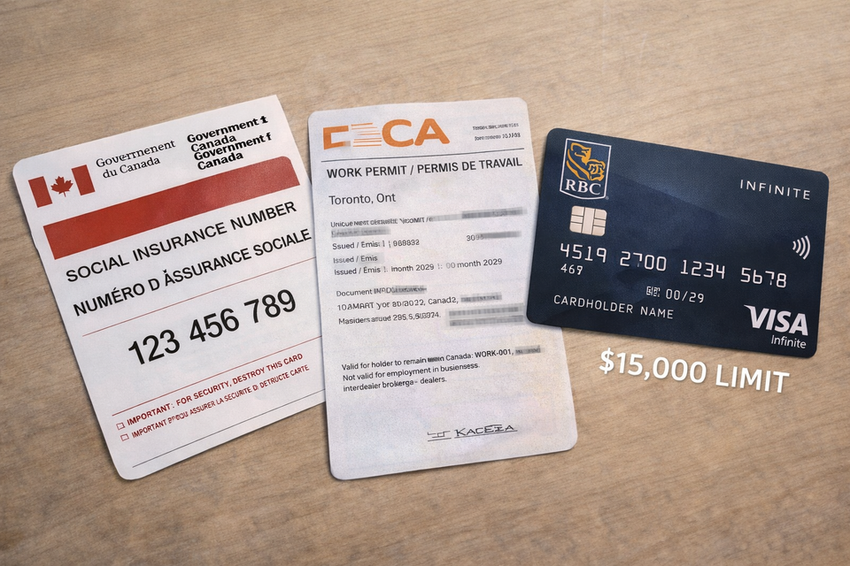 A 9-digit Social Insurance Number (SIN) document next to a Canadian work permit and a high-limit unsecured credit card from a major Canadian bank in.
