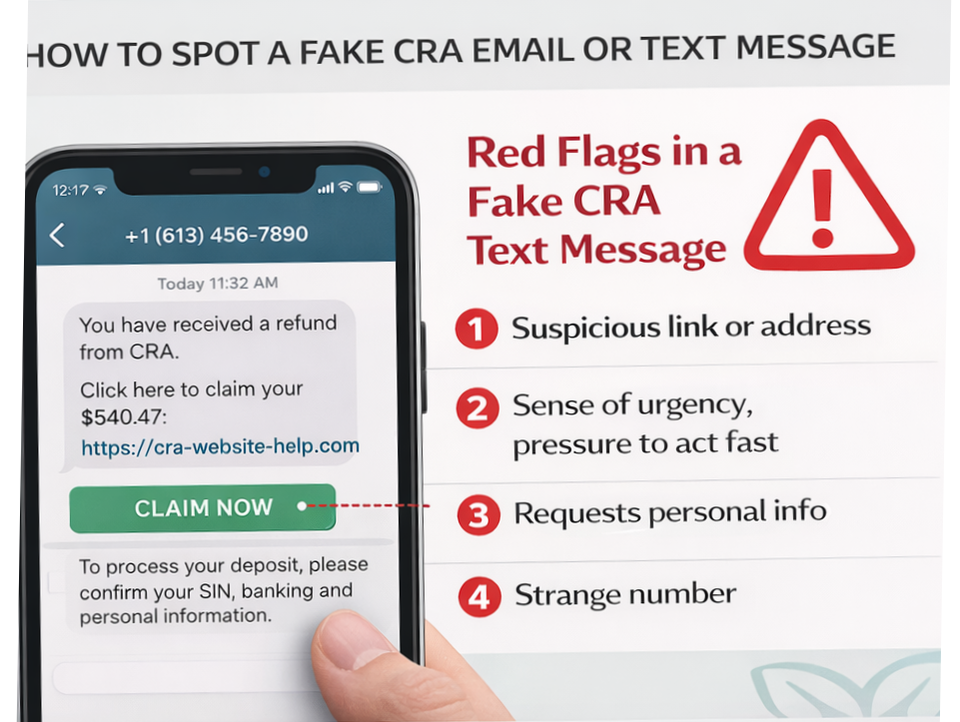 Infographic showing red flags in a fake CRA text message 