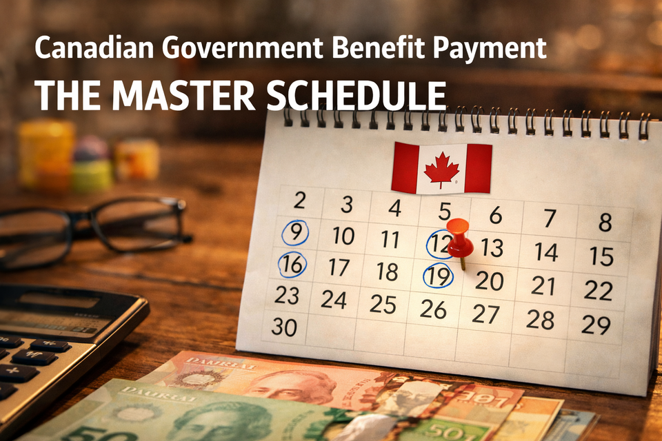 Monthly Canadian government benefit payment calendar with marked deposit dates and Canadian dollar bills