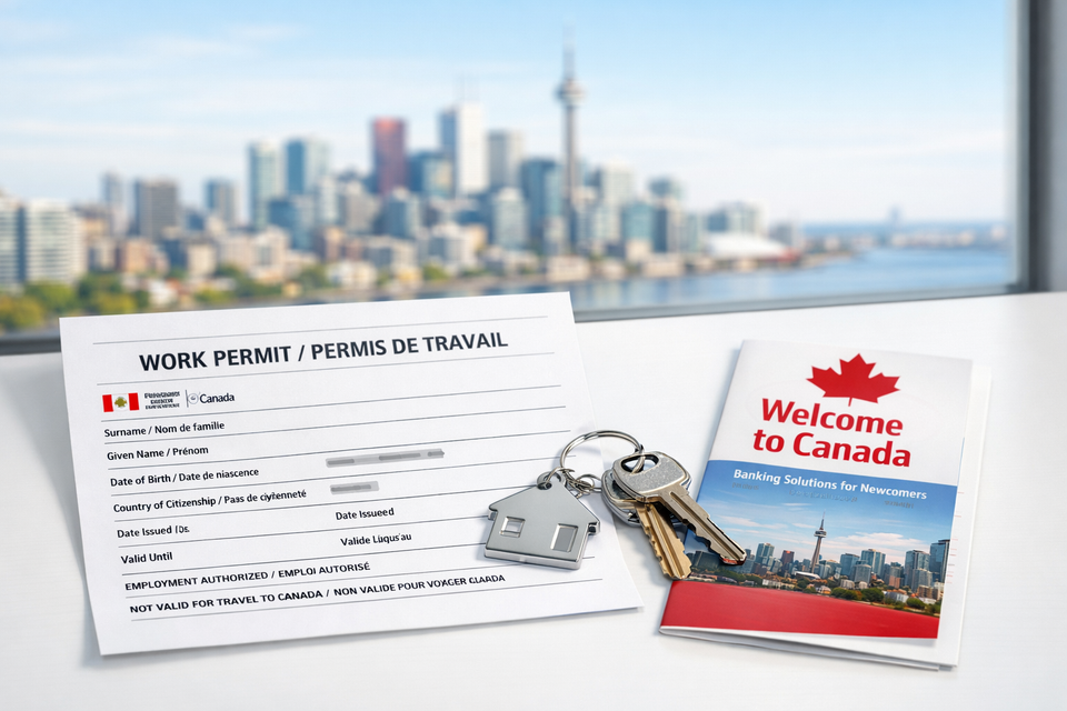 Renting in Canada with a work permit keys, document, and newcomer banking guide