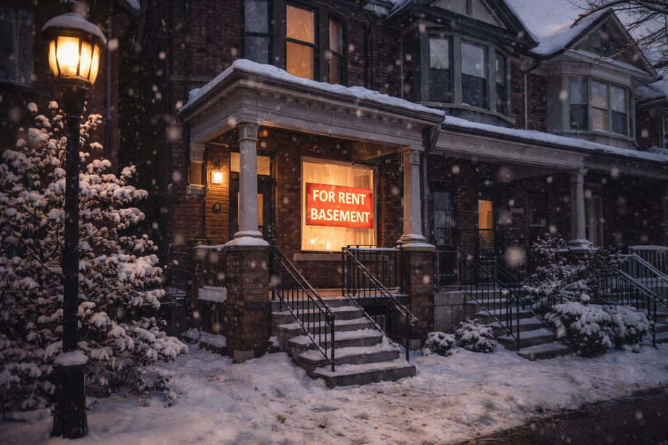 Toronto private rental house with For Rent sign in window.