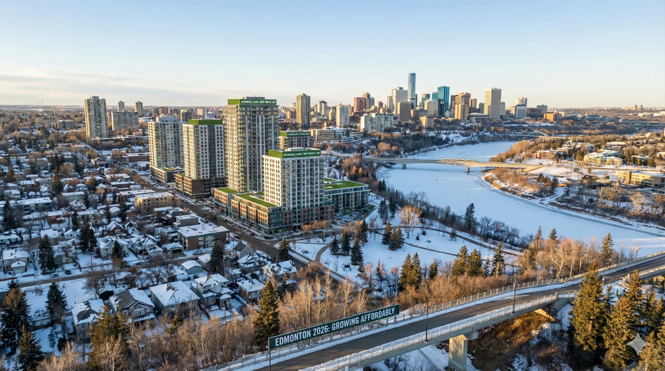  A wide-angle view of the Edmonton river valley skyline in, showing a mix of modern affordable high-rises and residential neighborhoods,