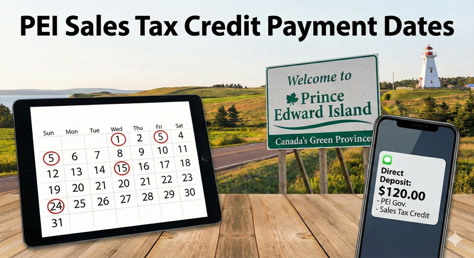 A digital calendar of with the quarterly payment dates highlighted, next to a Welcome to Prince Edward Island road sign and a generic direct deposit notification on a phone.