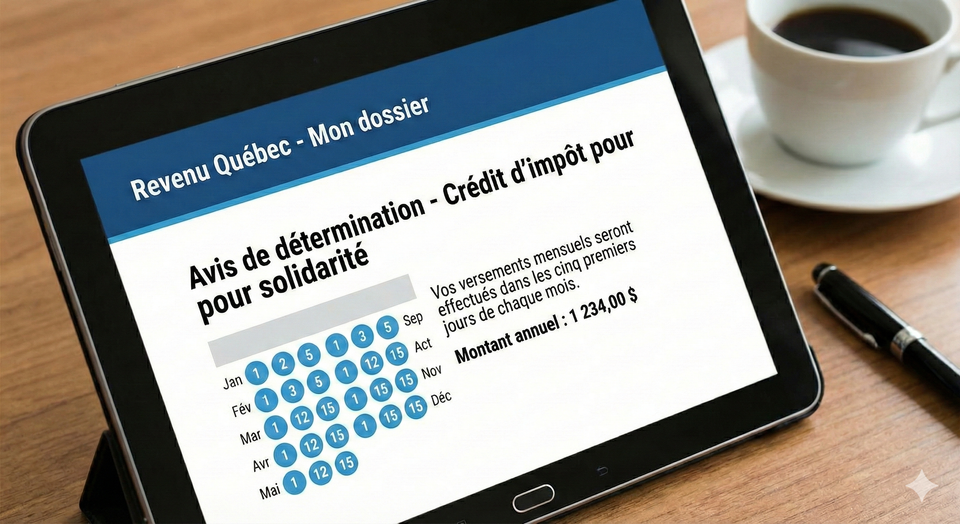 A digital interface showing the Revenu Québec "My Account" portal with the Solidarity Tax Credit notice of determination, featuring a calendar highlighting the first five days of each month.