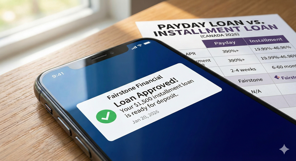 A close-up of a smartphone displaying a 2026 loan approval notification from a reputable Canadian installment lender, with a "Payday Loan vs. Installment Loan"