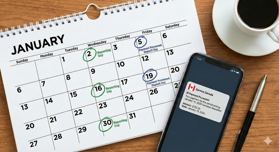 calendar highlighting bi-weekly EI reporting and payment cycles, with a smartphone displaying a Service Canada Payment Processed notification. for post EI Payment Dates Official Schedule