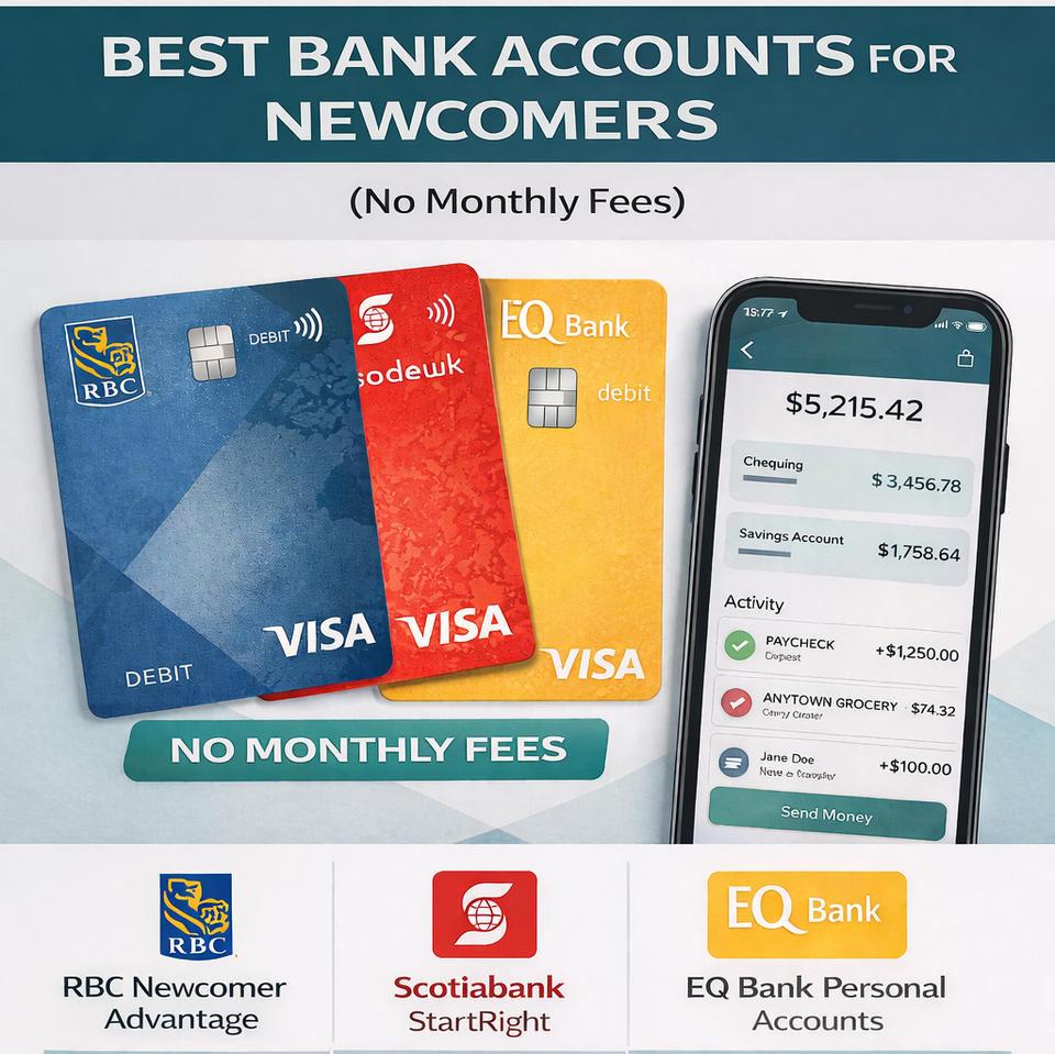 comparison of top Canadian newcomer bank accounts, showing debit cards from RBC, Scotiabank, and EQ Bank alongside a smartphone app.